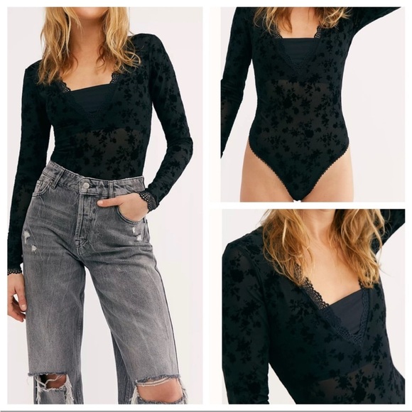 Free People Babes In Bandeaus Bodysuit Lace Sheer Velvet Floral Black L NWT - Picture 1 of 7